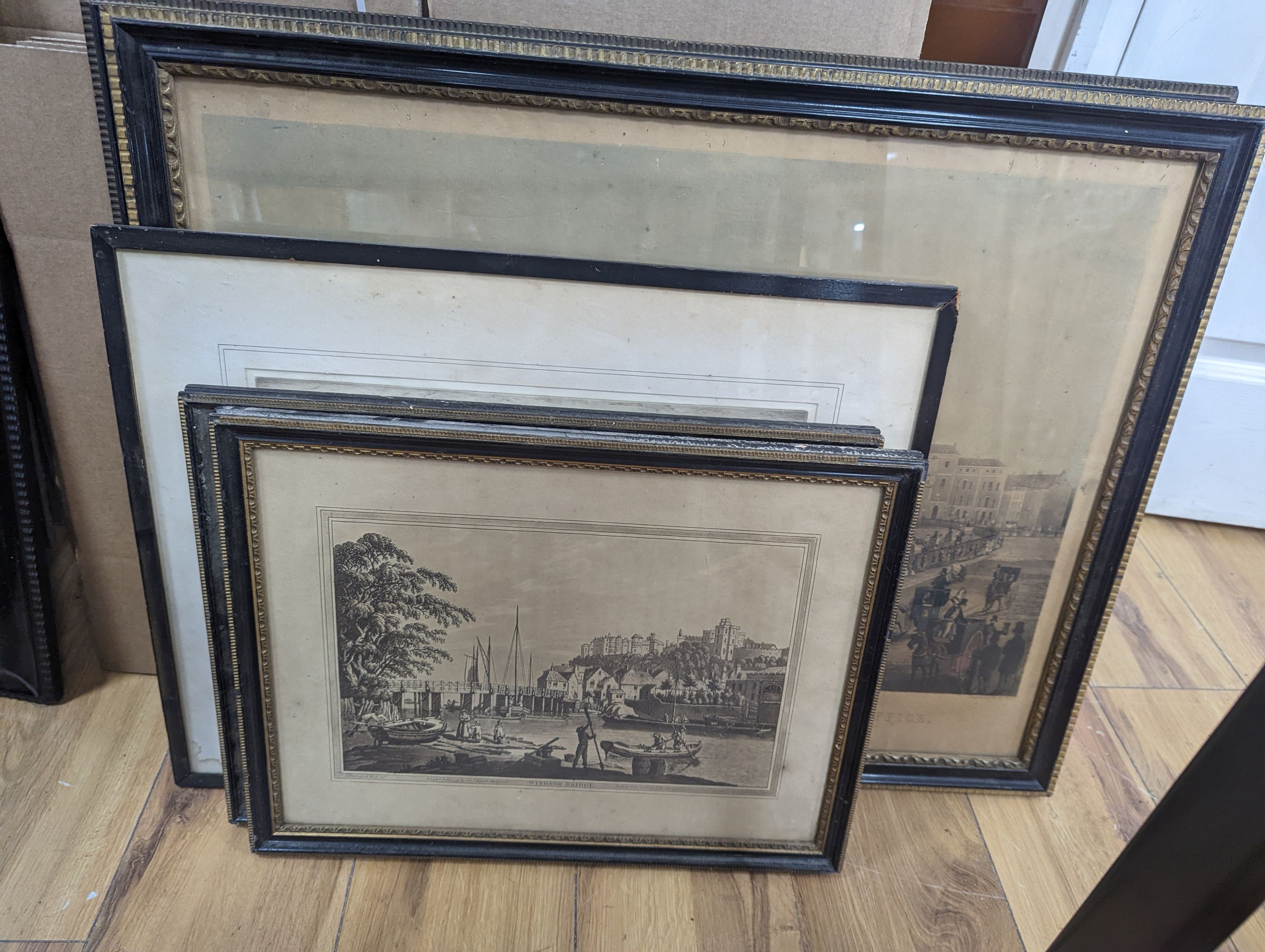 After James Pollard, two coloured aquatints, 'The Grand Entrance to Hyde Park' and 'View of the New General Post Office', 45 x 60cm and three other prints